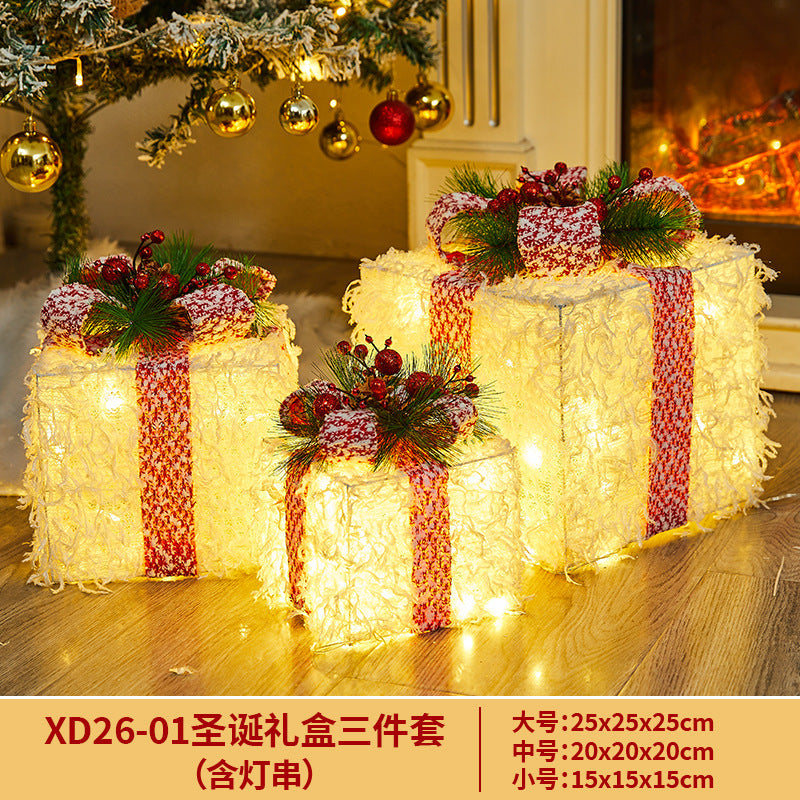 Christmas Decoration Iron Art Gift Box with Lights, Three-Piece Set Gift Box for Under the Christmas Tree Decoration