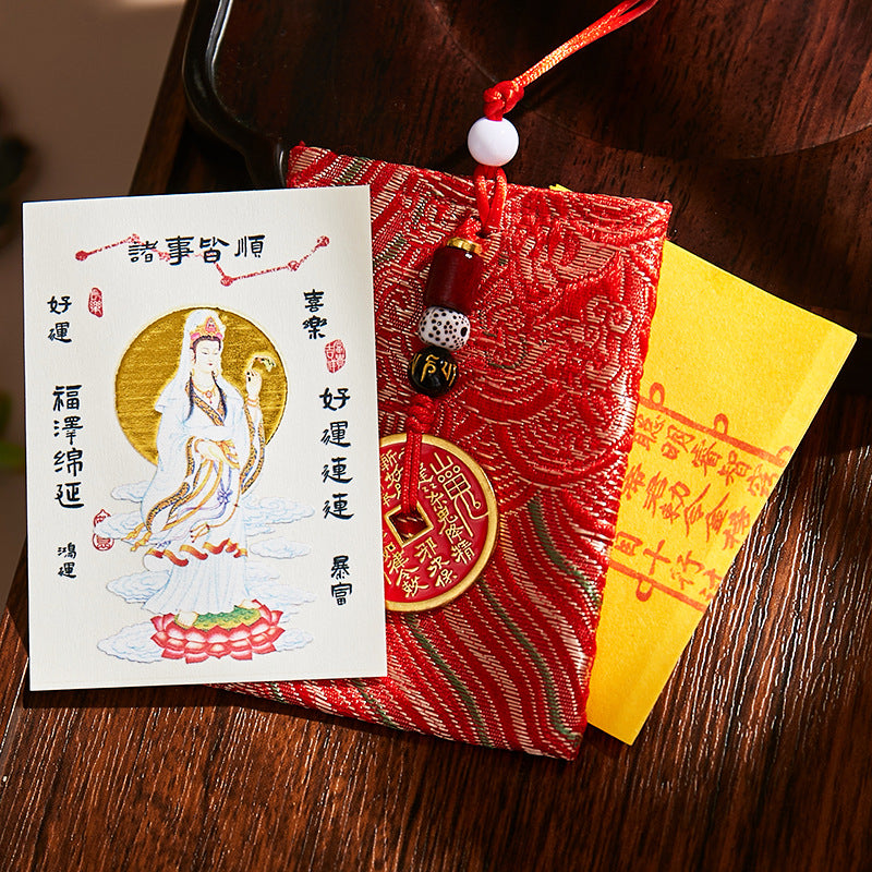 Putuo South Sea Guanyin Blessing Set - Phone Sticker & Talisman Pouch, Elegant Buddhist Mala for Peace & Protection