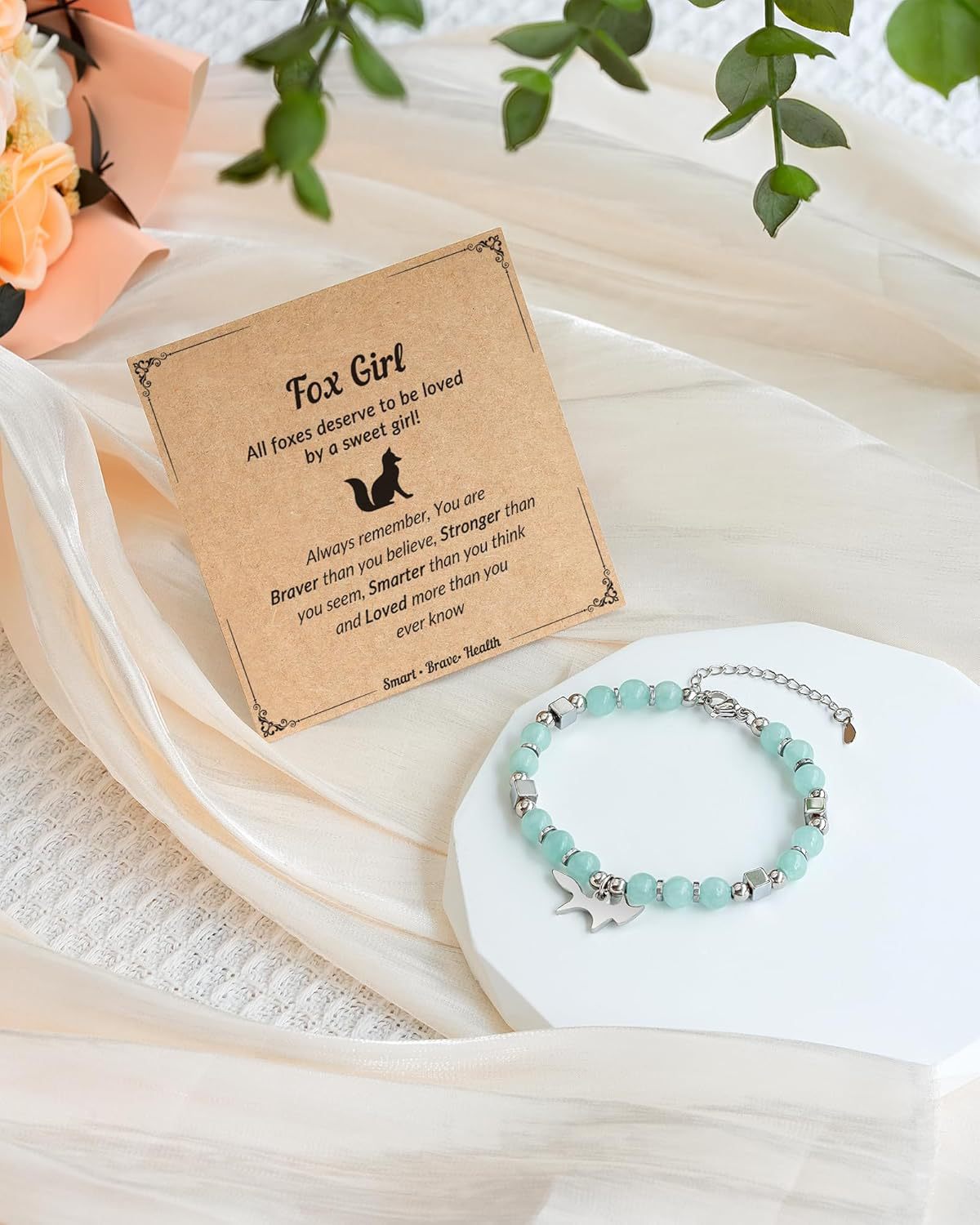 Fox Girl Charm Bracelet - Green Chrysoprase & Pink Zebra Stone Beaded Bracelet, Talisman for the Brave & Sweet