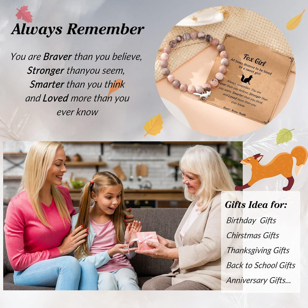 Fox Girl Charm Bracelet - Green Chrysoprase & Pink Zebra Stone Beaded Bracelet, Talisman for the Brave & Sweet