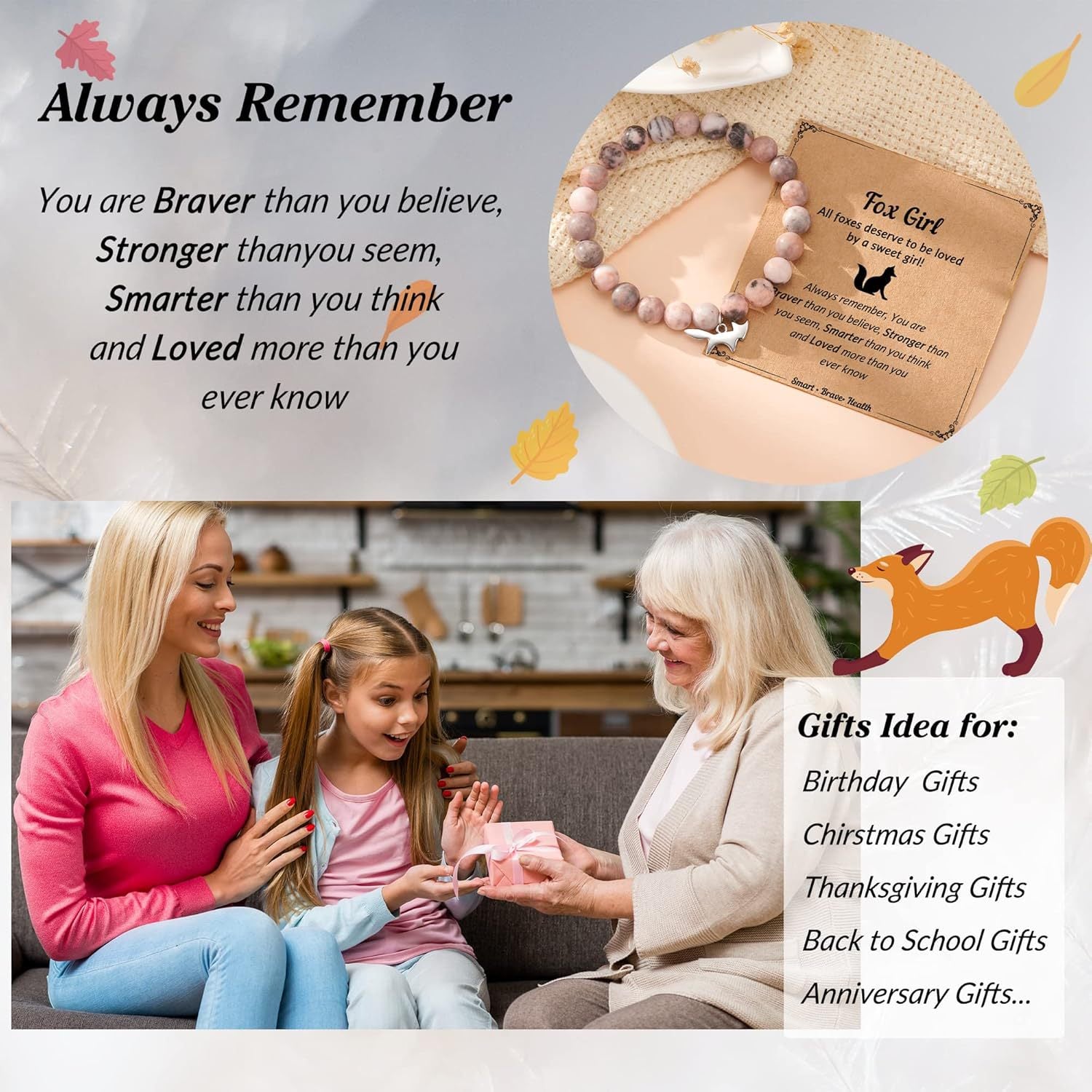 Fox Girl Charm Bracelet - Green Chrysoprase & Pink Zebra Stone Beaded Bracelet, Talisman for the Brave & Sweet