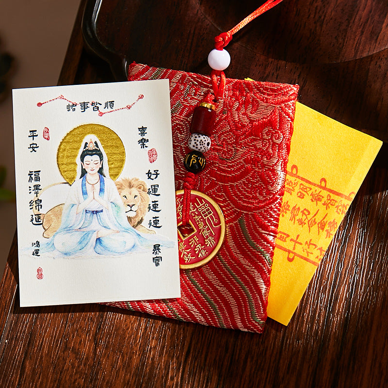 Putuo South Sea Guanyin Blessing Set - Phone Sticker & Talisman Pouch, Elegant Buddhist Mala for Peace & Protection