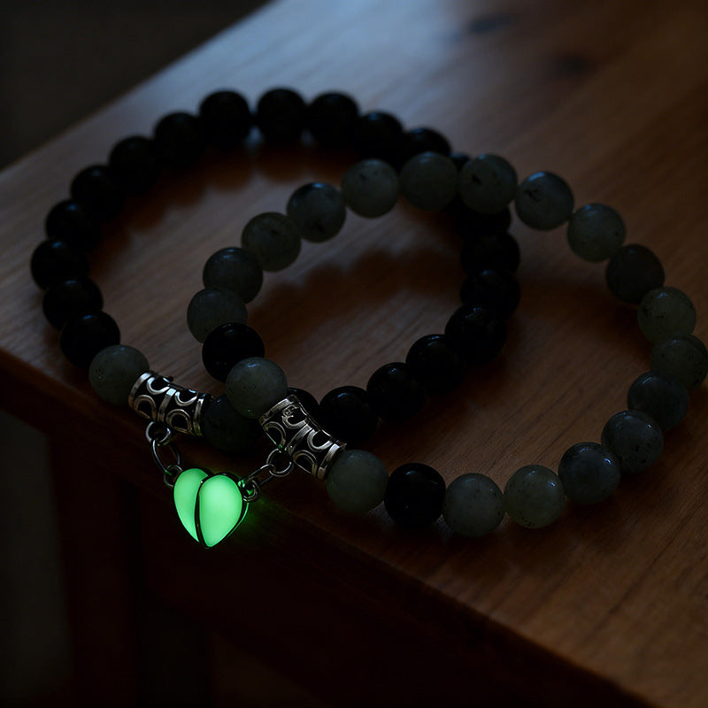 Natural Stone Energy Bracelets Set - Minimalist Stretch Bracelet with Heart Magnetic Clasp for Women (2 Pcs)