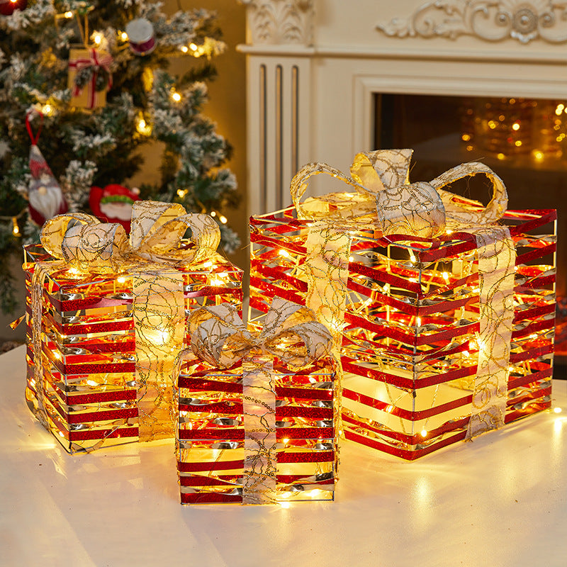 Christmas Decoration Glowing Gift Box Under the Christmas Tree Star Hollow Iron Art Gift Box Window Display Gift Box Ornament