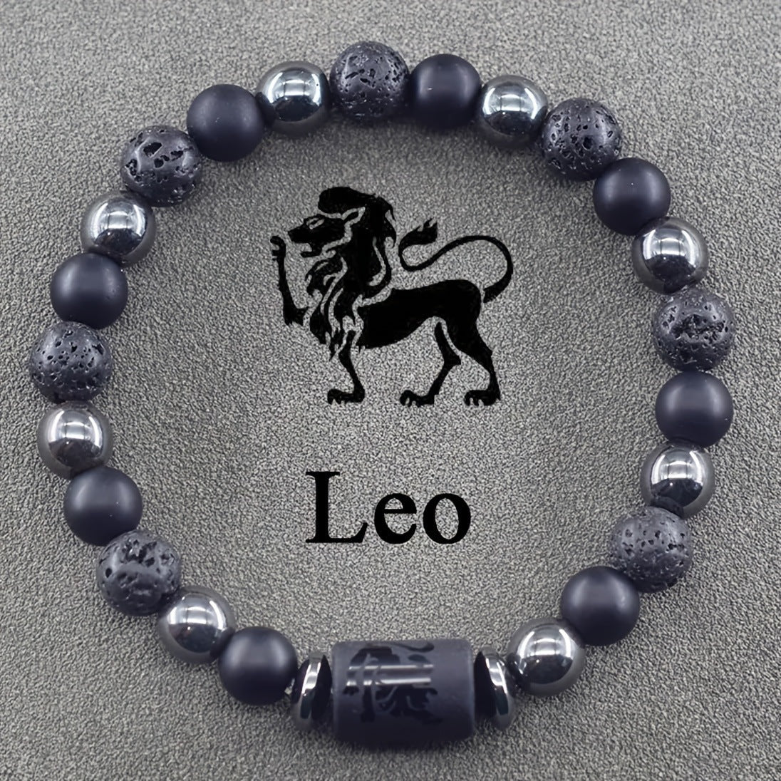 12 Zodiac Signs Bracelets Set for Men - Black Obsidian Lava Stone Elastic Beads Astrology Collection