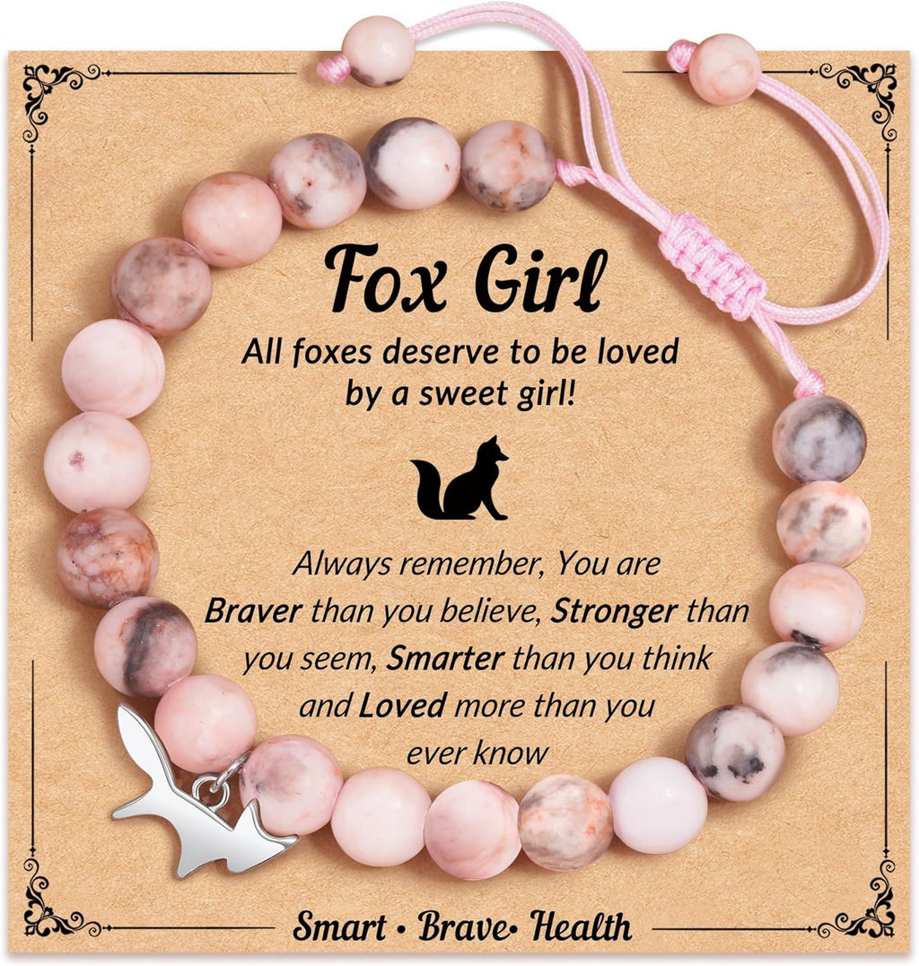 Fox Girl Charm Bracelet - Green Chrysoprase & Pink Zebra Stone Beaded Bracelet, Talisman for the Brave & Sweet