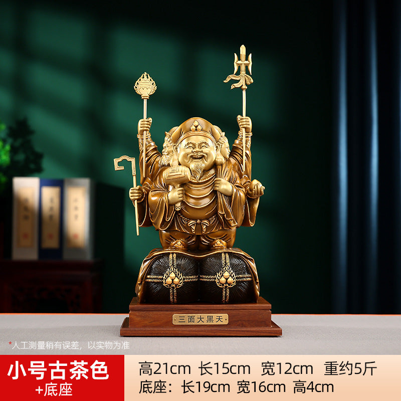 Brass Color-Cut Gold Large Three-Sided Black Heavenly God of Wealth Bronze Statue Home Decoration Craft Ornament