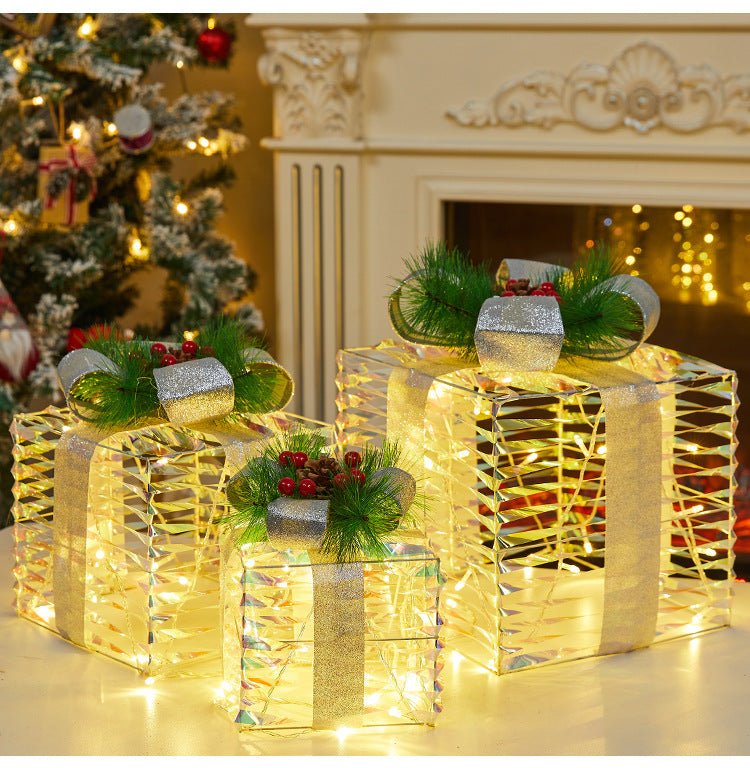 Christmas Decoration Glowing Gift Box Under the Christmas Tree Star Hollow Iron Art Gift Box Window Display Gift Box Ornament