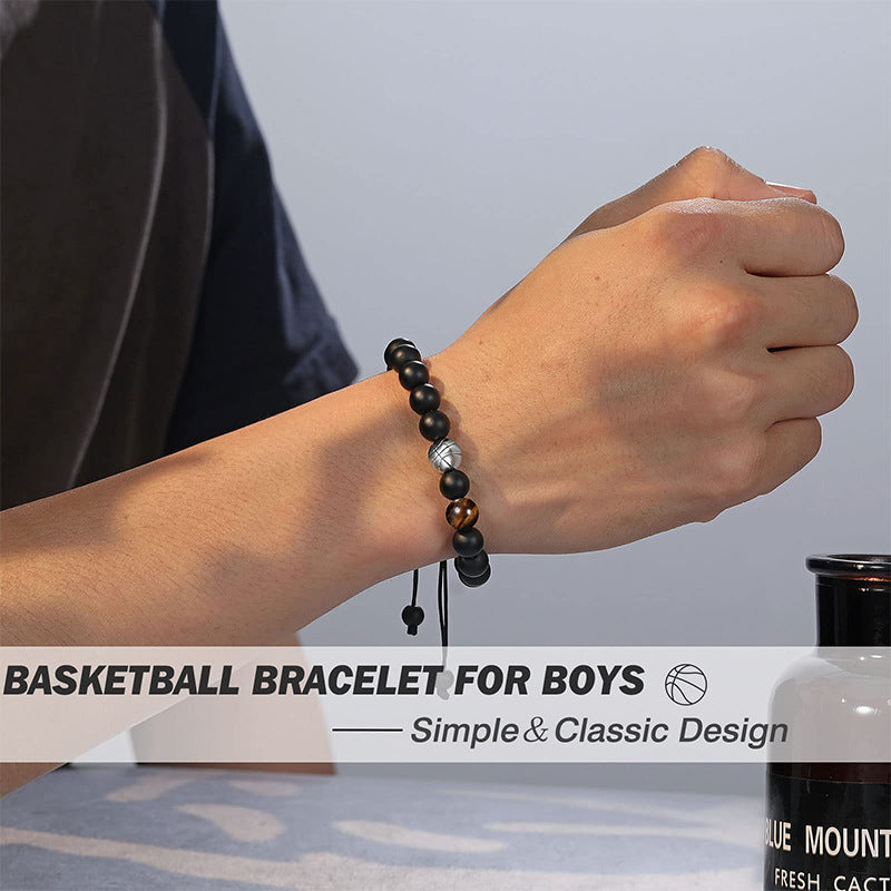 Men's Sports Bracelet with Tiger Eye - Adjustable Black Bead String Bracelet for Basketball Soccer Tennis Players, Gift for Him