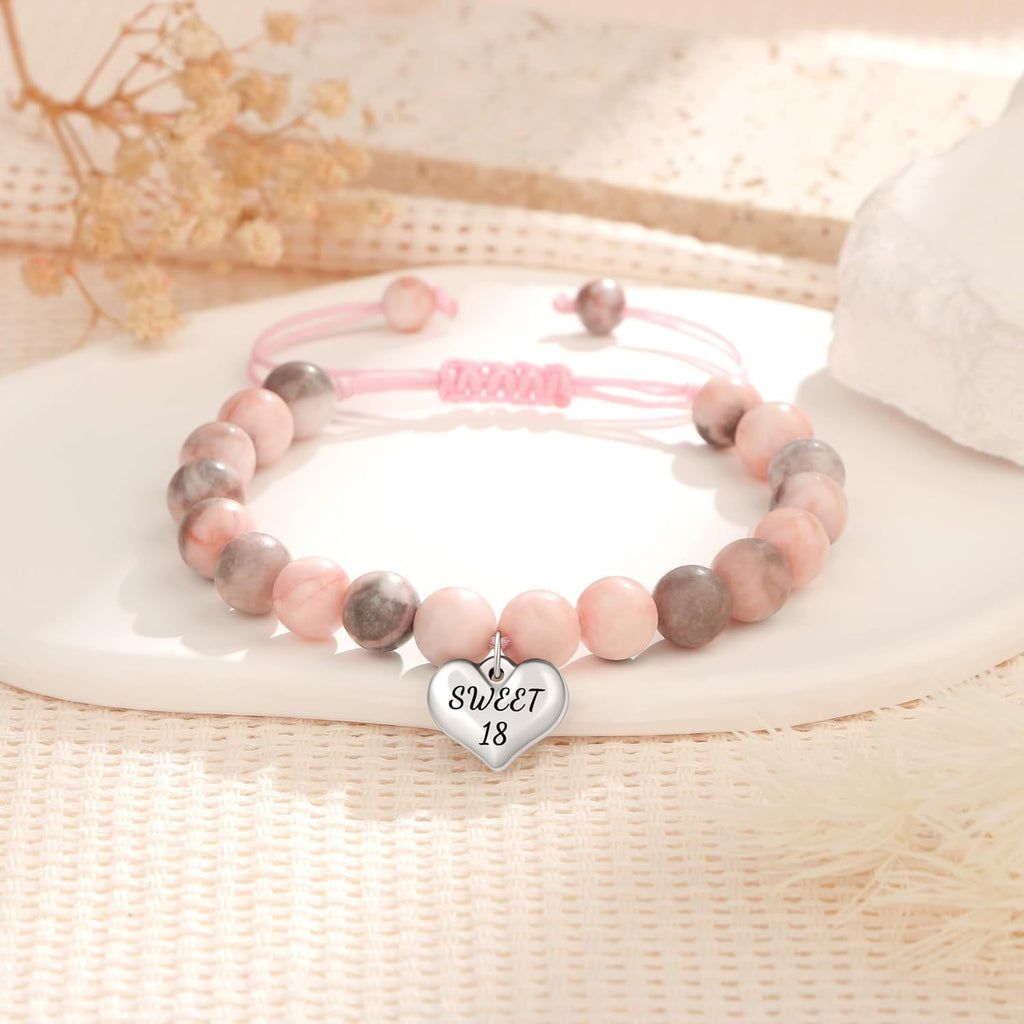 Sweet 18 Birthday Bracelet for Daughter - Personalized Heart Pink Zebra Stone adjustable Gift for 18th Birthday