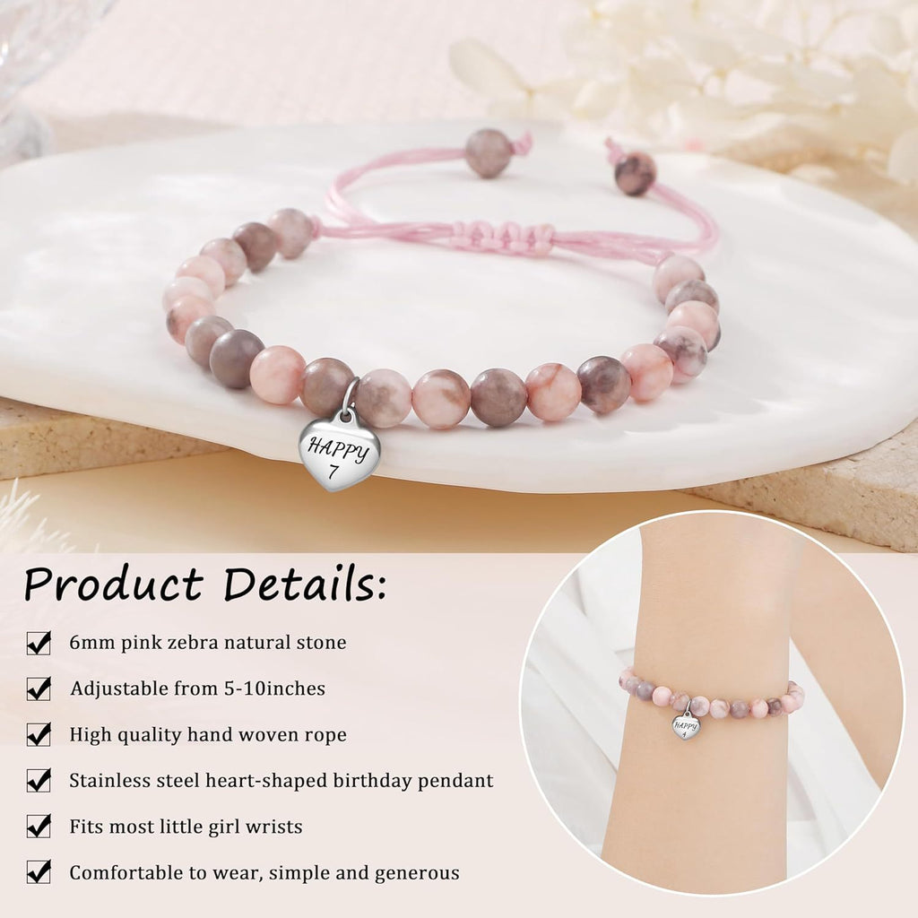 Sweet 18 Birthday Bracelet for Daughter - Personalized Heart Pink Zebra Stone adjustable Gift for 18th Birthday