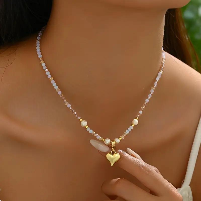 Natural Pearl & Crystal Heart Necklace - Dainty Gold Pendant Choker for Women, Elegant Gift