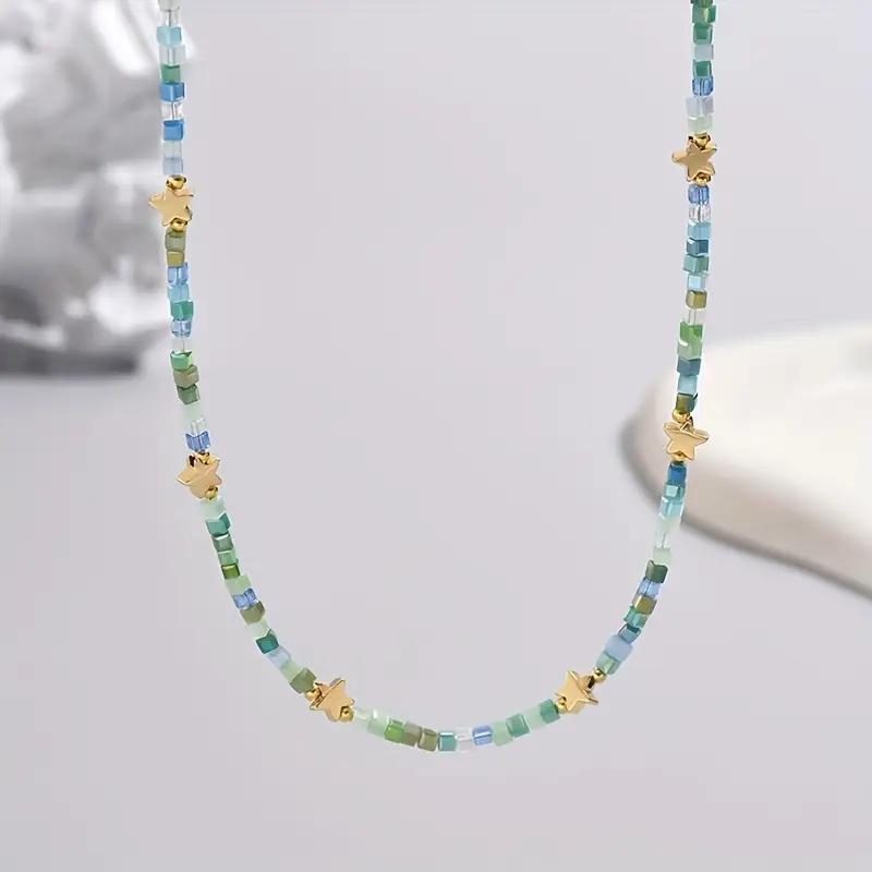 Bohemian Star Seed Bead Necklace - Retro Blue Green Gold Star Pendant Choker for Women