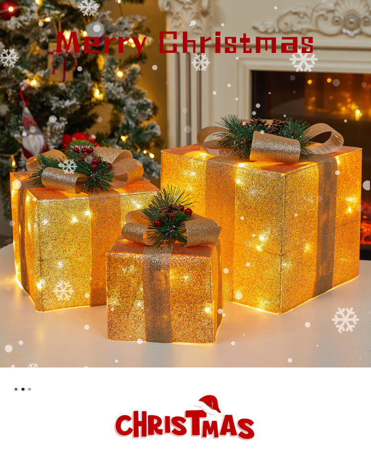 Christmas Decoration Iron Art Lighted Gift Box Window Display Glowing Gift Box Three-Piece Set Christmas Tree Decoration Ornament
