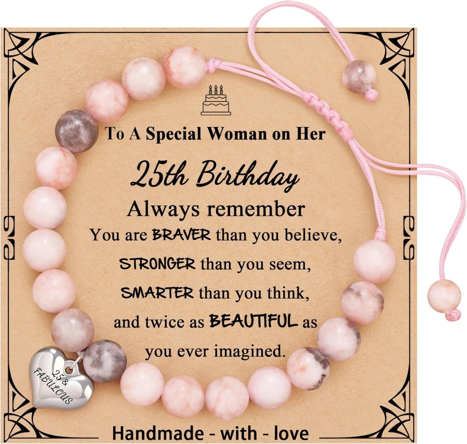 Sweet 18 Birthday Bracelet for Daughter - Personalized Heart Pink Zebra Stone adjustable Gift for 18th Birthday