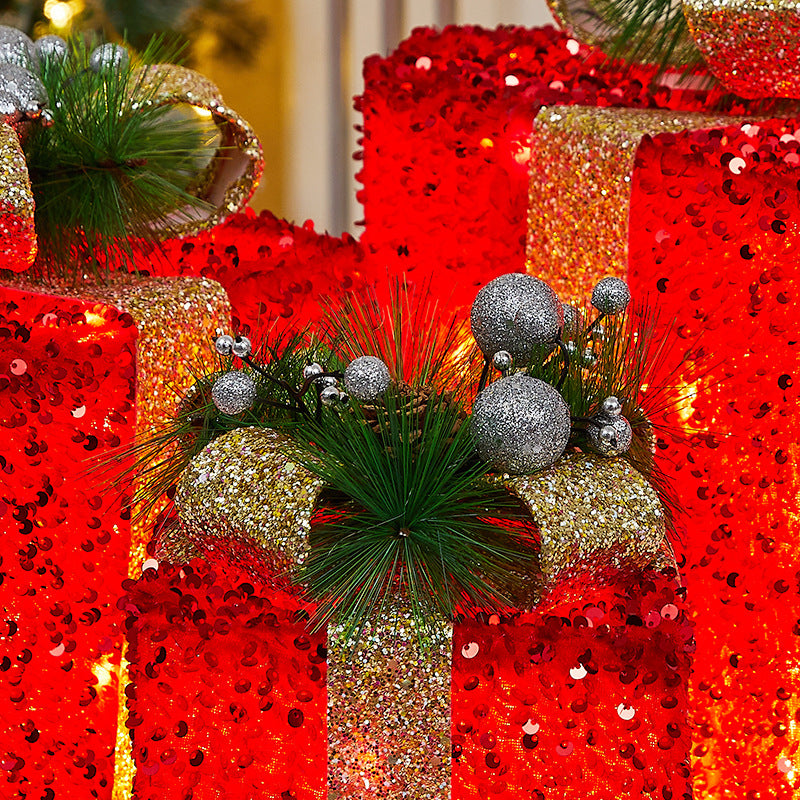 Christmas Decoration Iron Art Sequin Gift Box Glowing Under Christmas Tree Gift Box Three-Piece Set Window Display Decoration