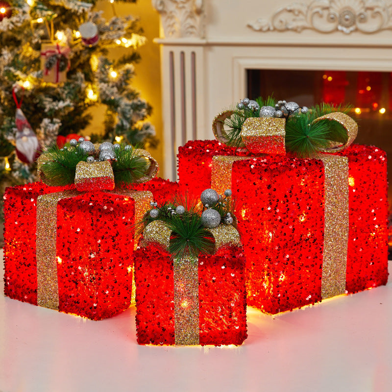 Christmas Decoration Iron Art Sequin Gift Box Glowing Under Christmas Tree Gift Box Three-Piece Set Window Display Decoration