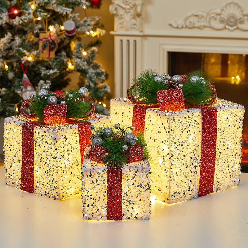 Christmas Decoration Iron Art Sequin Gift Box Glowing Under Christmas Tree Gift Box Three-Piece Set Window Display Decoration