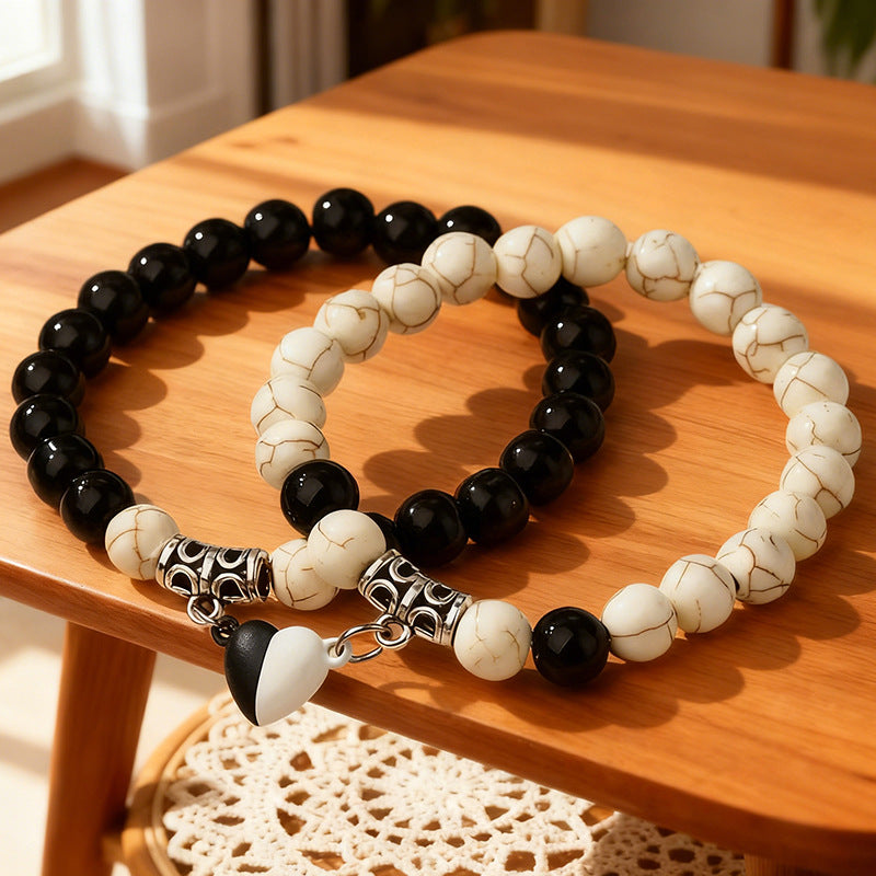 Natural Stone Energy Bracelets Set - Minimalist Stretch Bracelet with Heart Magnetic Clasp for Women (2 Pcs)