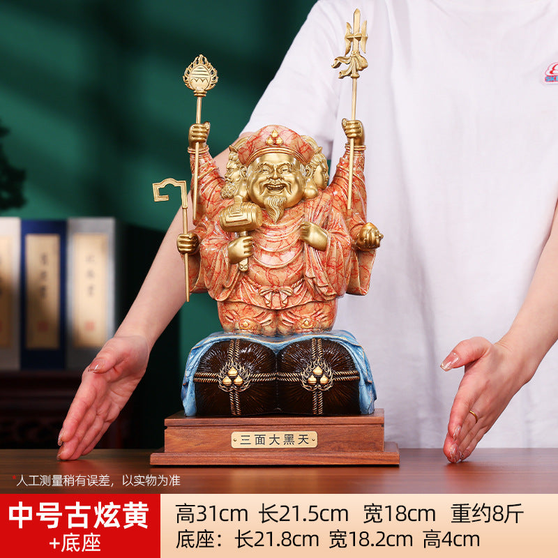 Brass Color-Cut Gold Large Three-Sided Black Heavenly God of Wealth Bronze Statue Home Decoration Craft Ornament