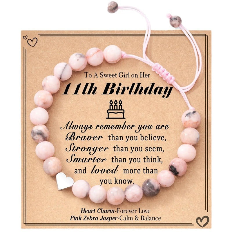 Courage Affirmation Bracelet - Pink Zebra Stone Elastic Bead Bracelet, Handmade Gift of Love & Strength