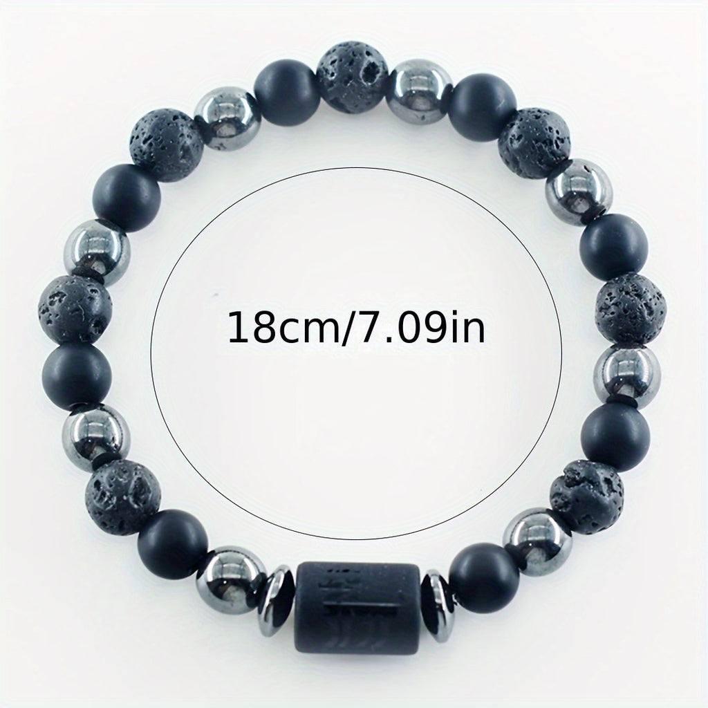 12 Zodiac Signs Bracelets Set for Men - Black Obsidian Lava Stone Elastic Beads Astrology Collection