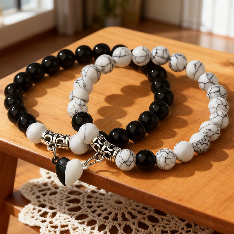 Natural Stone Energy Bracelets Set - Minimalist Stretch Bracelet with Heart Magnetic Clasp for Women (2 Pcs)