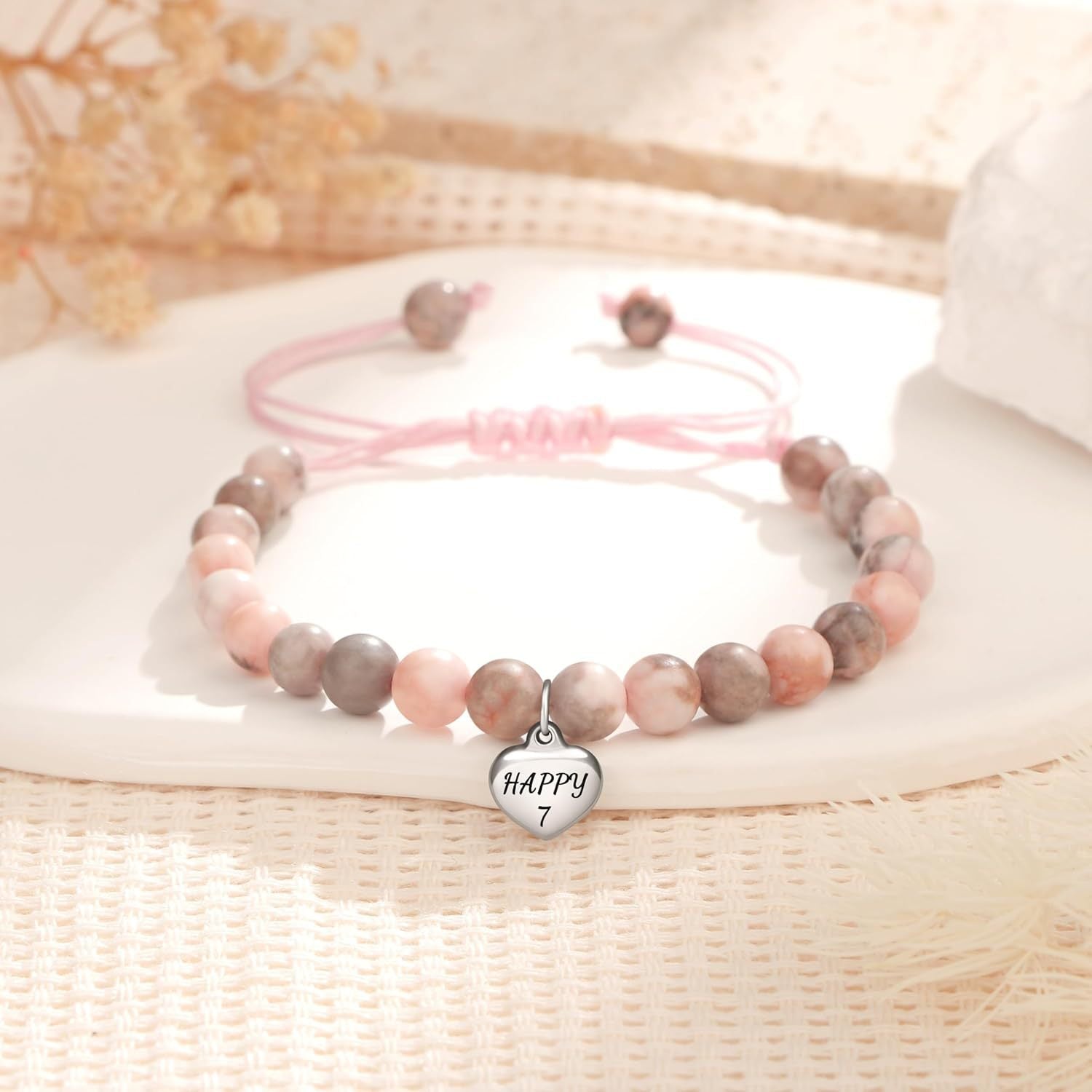 Sweet 18 Birthday Bracelet for Daughter - Personalized Heart Pink Zebra Stone adjustable Gift for 18th Birthday