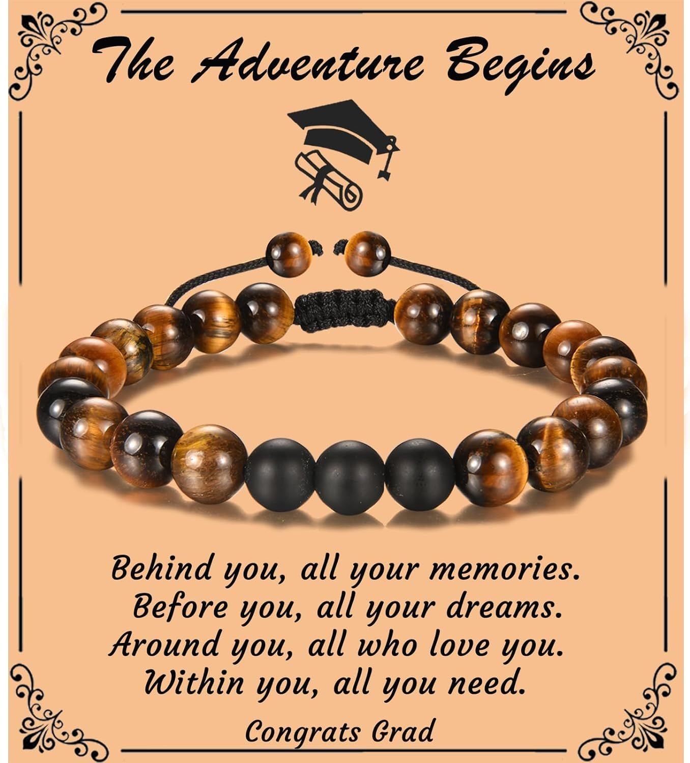 The Adventure Begins" Graduation Bracelet for Men - Tiger's Eye & Lava Stone Bead Bracelet, Gift for Grads