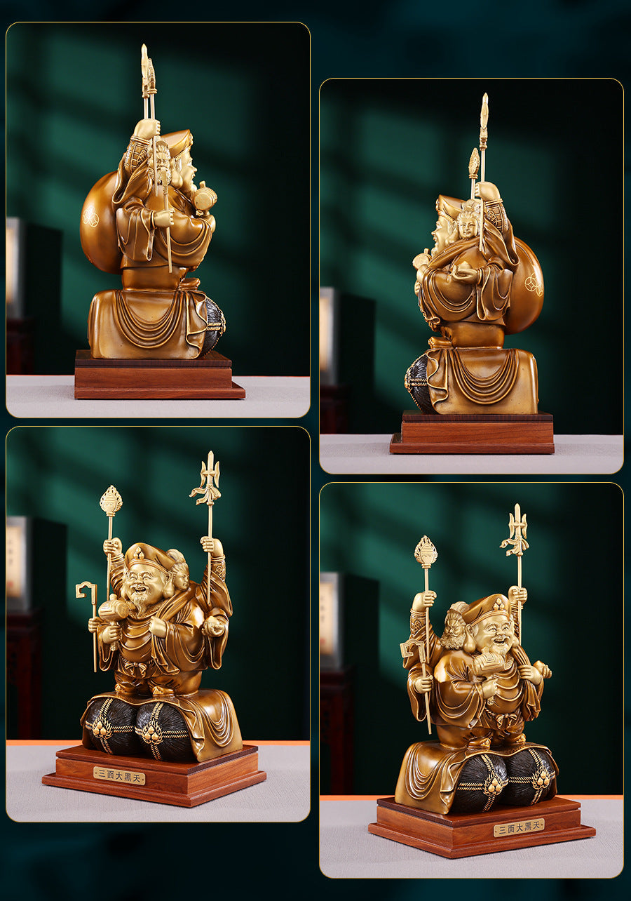 Brass Color-Cut Gold Large Three-Sided Black Heavenly God of Wealth Bronze Statue Home Decoration Craft Ornament