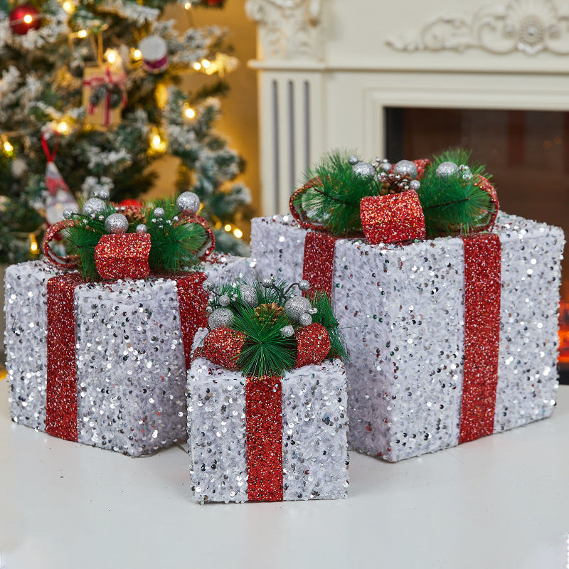 Christmas Decoration Iron Art Sequin Gift Box Glowing Under Christmas Tree Gift Box Three-Piece Set Window Display Decoration