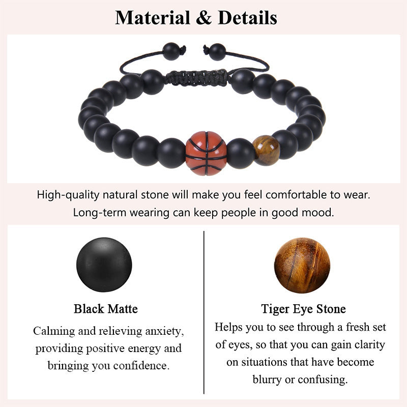 Men's Sports Bracelet with Tiger Eye - Adjustable Black Bead String Bracelet for Basketball Soccer Tennis Players, Gift for Him