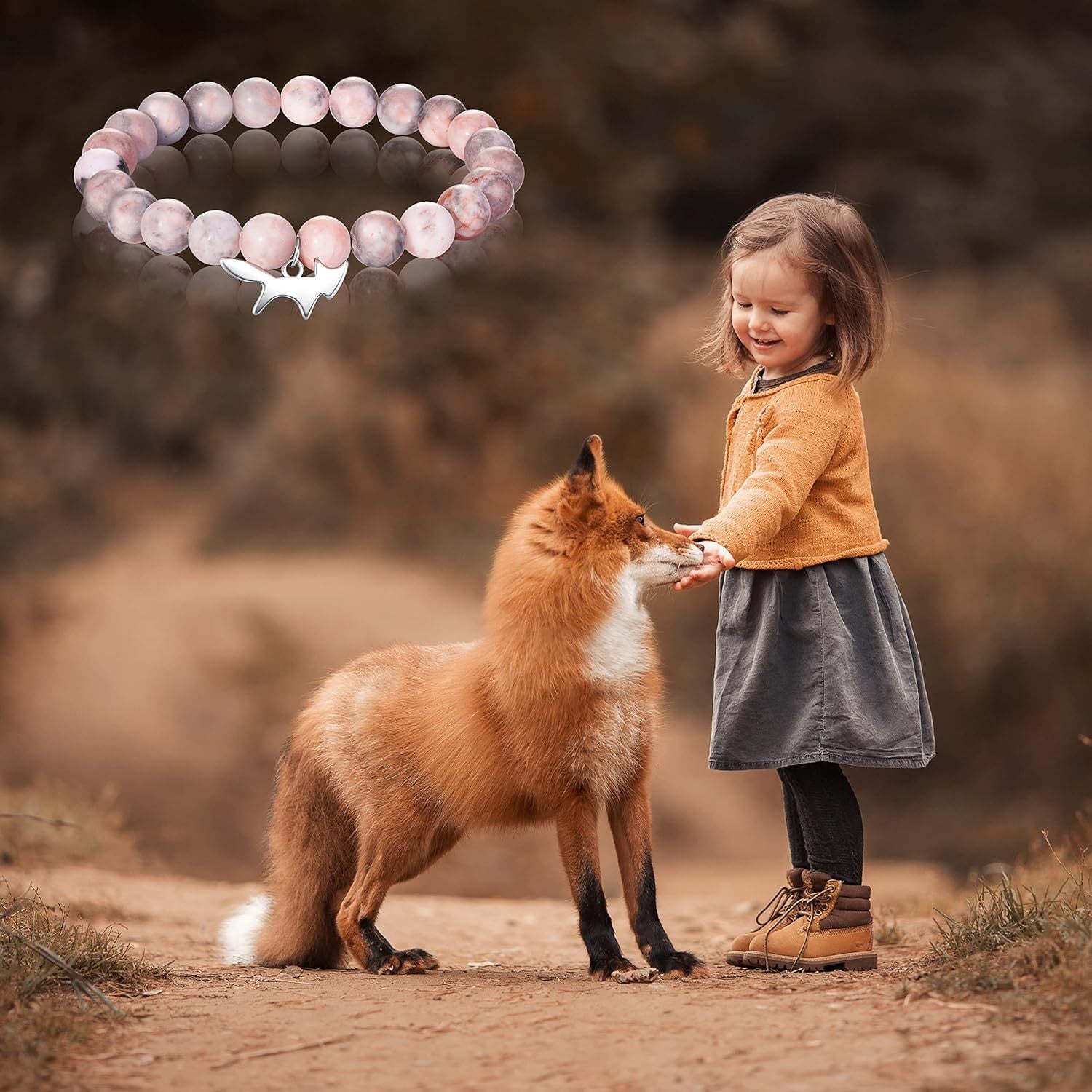 Fox Girl Charm Bracelet - Green Chrysoprase & Pink Zebra Stone Beaded Bracelet, Talisman for the Brave & Sweet