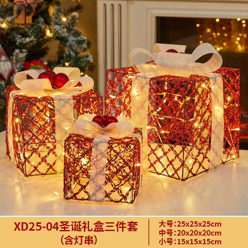 Christmas Decoration Glowing Gift Box Under the Christmas Tree Star Hollow Iron Art Gift Box Window Display Gift Box Ornament