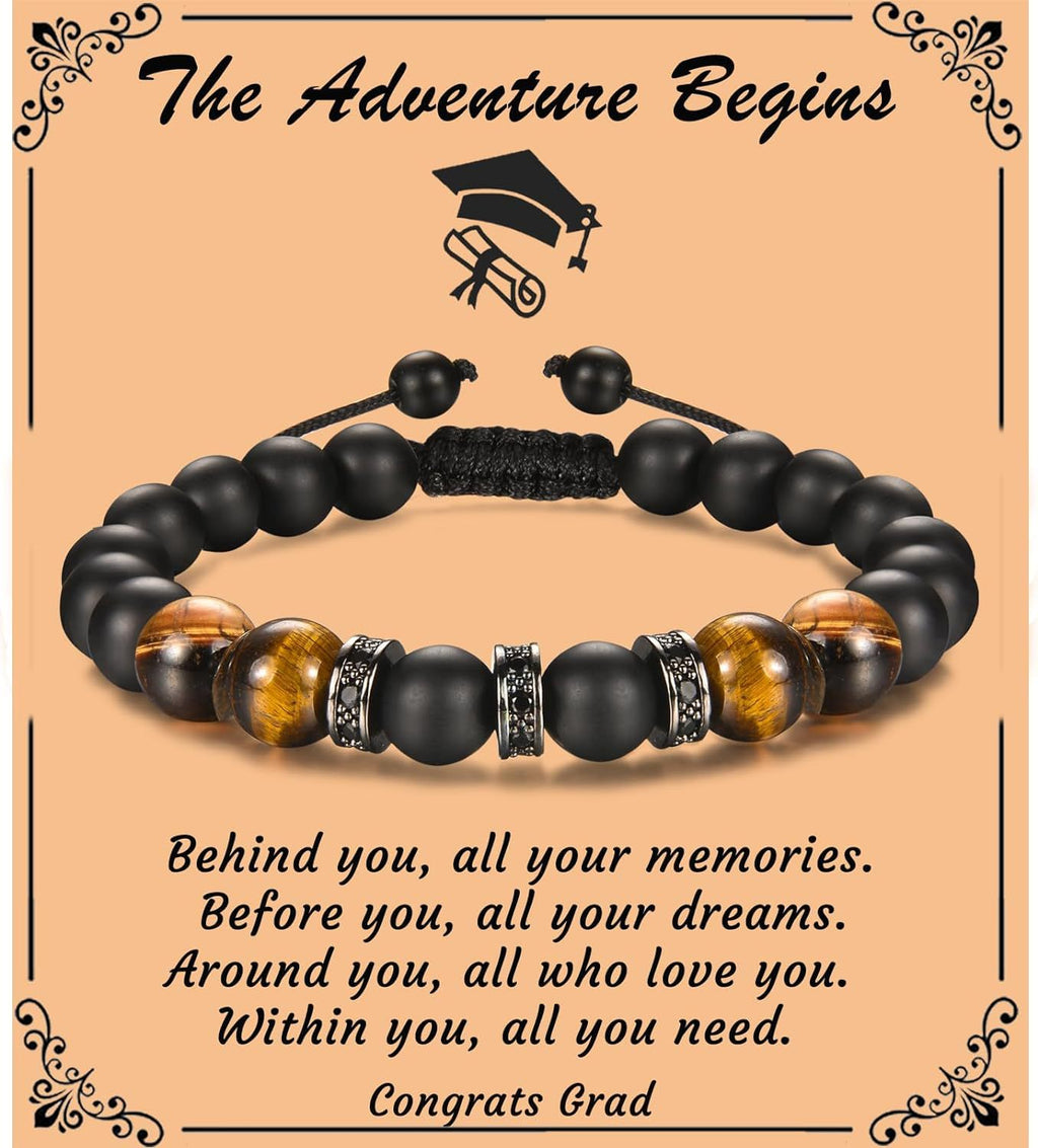 The Adventure Begins" Graduation Bracelet for Men - Tiger's Eye & Lava Stone Bead Bracelet, Gift for Grads