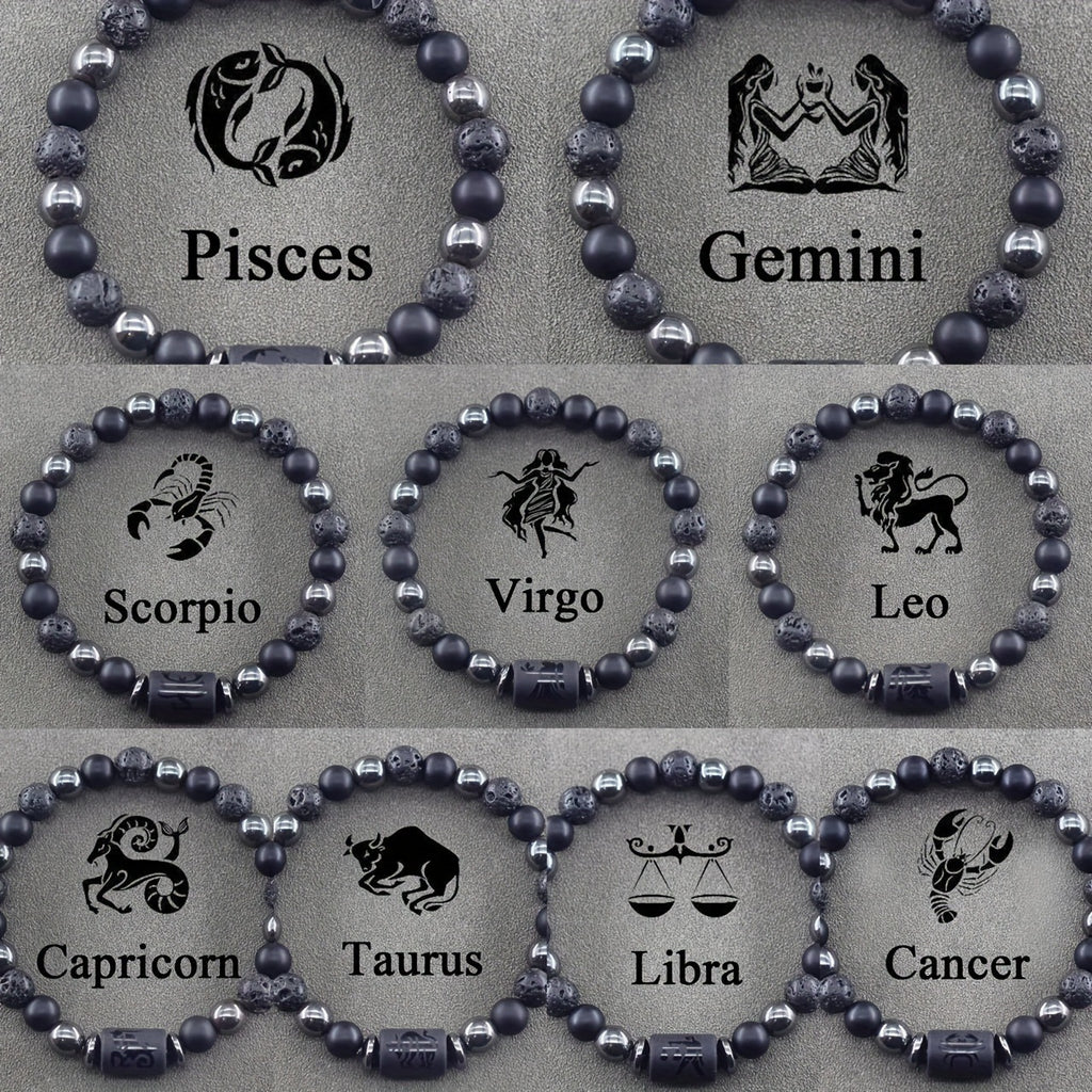 12 Zodiac Signs Bracelets Set for Men - Black Obsidian Lava Stone Elastic Beads Astrology Collection