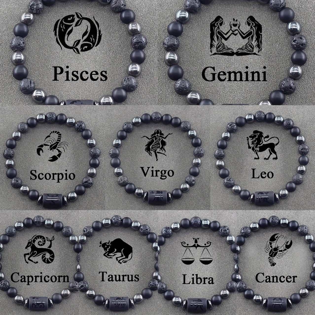 12 Zodiac Signs Bracelets Set for Men - Black Obsidian Lava Stone Elastic Beads Astrology Collection