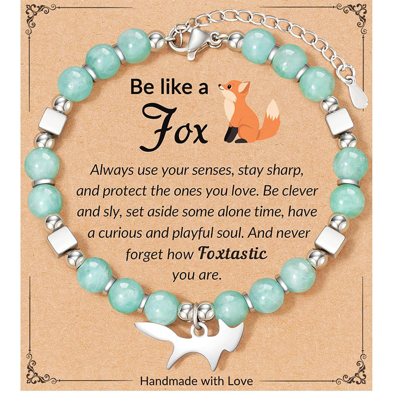 Fox Girl Charm Bracelet - Green Chrysoprase & Pink Zebra Stone Beaded Bracelet, Talisman for the Brave & Sweet