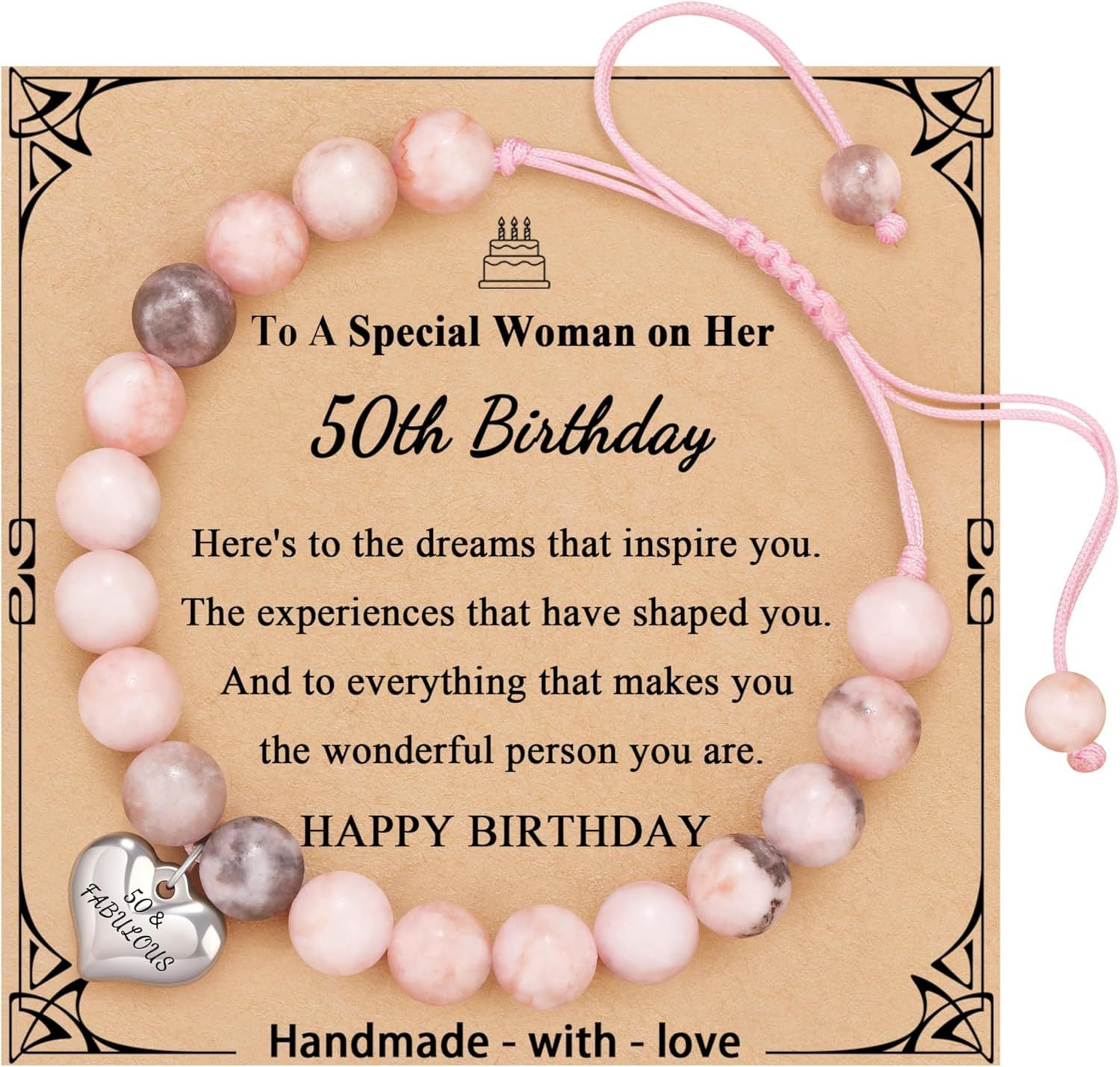 Sweet 18 Birthday Bracelet for Daughter - Personalized Heart Pink Zebra Stone adjustable Gift for 18th Birthday