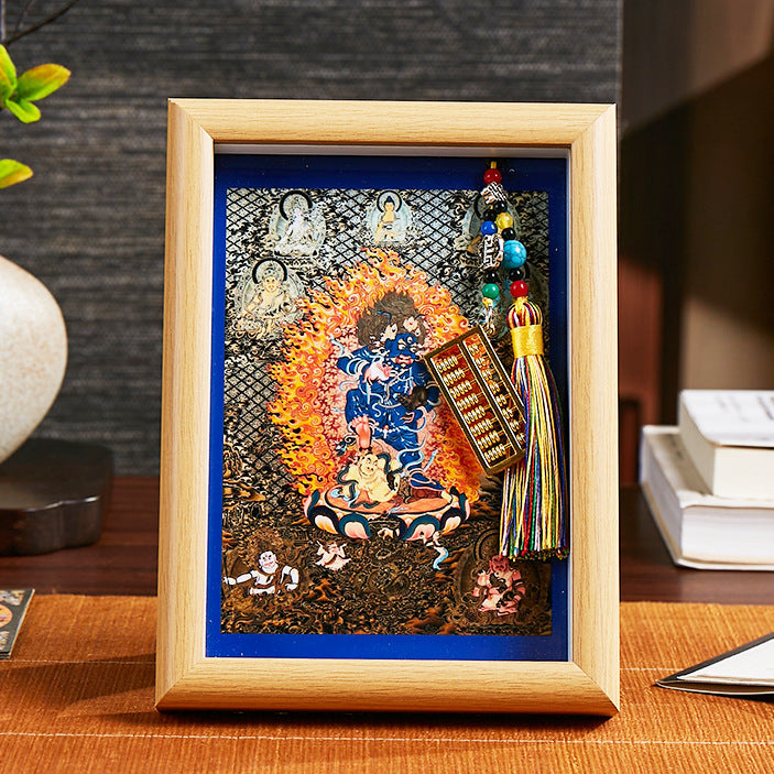 Tibetan Zahi Lhamo Thangka Pendant with Golden Abacus - Wealth Activation Talisman & Spiritual Travel Souvenir