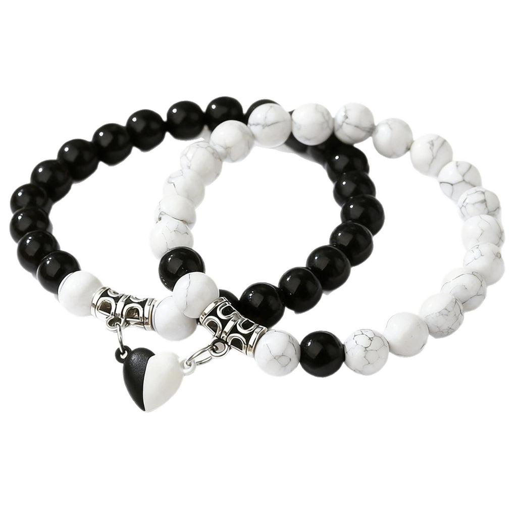 Natural Stone Energy Bracelets Set - Minimalist Stretch Bracelet with Heart Magnetic Clasp for Women (2 Pcs)