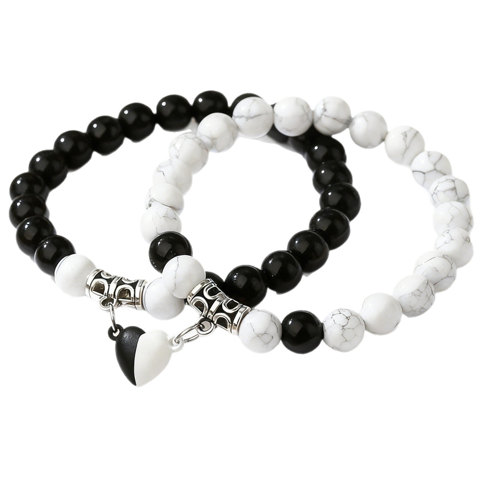 Natural Stone Energy Bracelets Set - Minimalist Stretch Bracelet with Heart Magnetic Clasp for Women (2 Pcs)