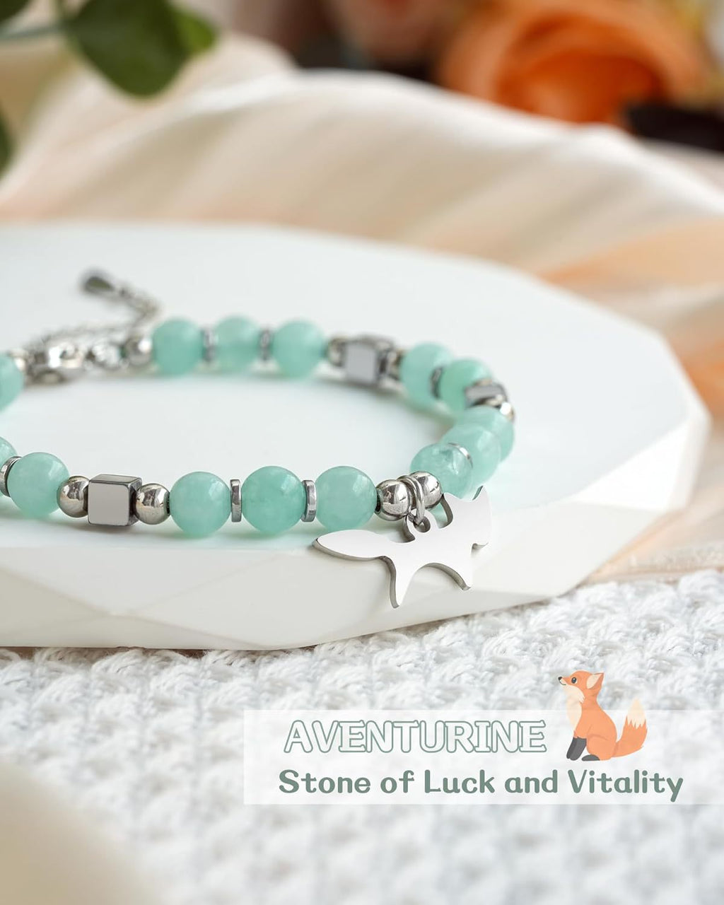 Fox Girl Charm Bracelet - Green Chrysoprase & Pink Zebra Stone Beaded Bracelet, Talisman for the Brave & Sweet