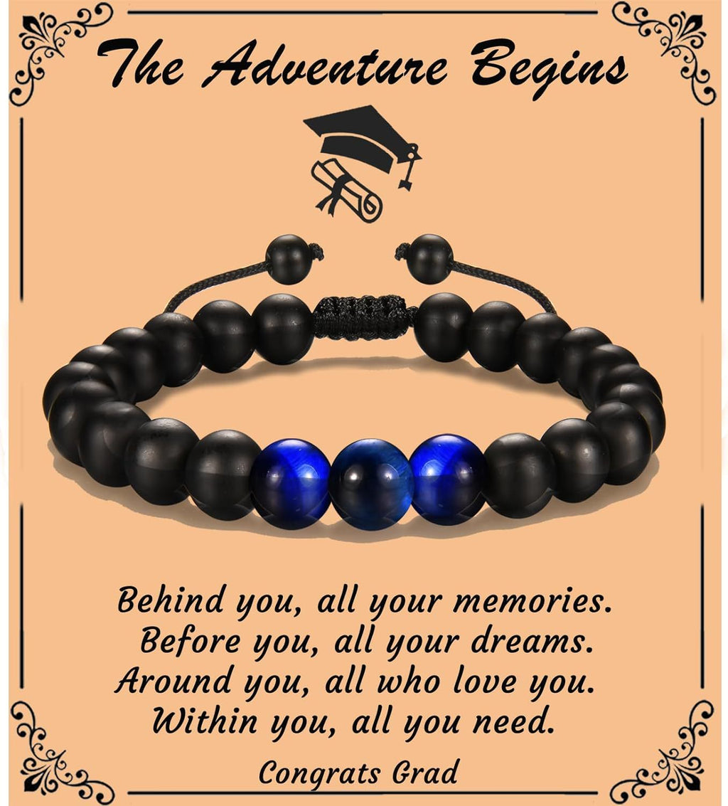 The Adventure Begins" Graduation Bracelet for Men - Tiger's Eye & Lava Stone Bead Bracelet, Gift for Grads