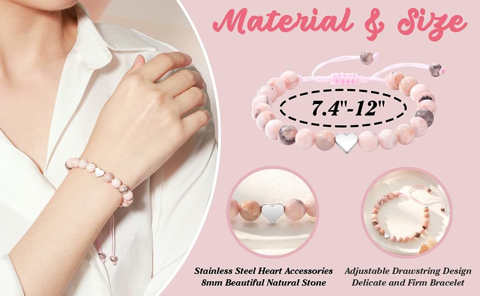 Courage Affirmation Bracelet - Pink Zebra Stone Elastic Bead Bracelet, Handmade Gift of Love & Strength