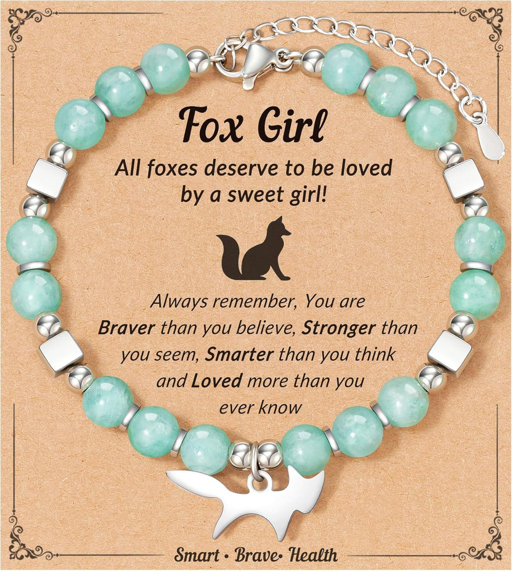 Fox Girl Charm Bracelet - Green Chrysoprase & Pink Zebra Stone Beaded Bracelet, Talisman for the Brave & Sweet