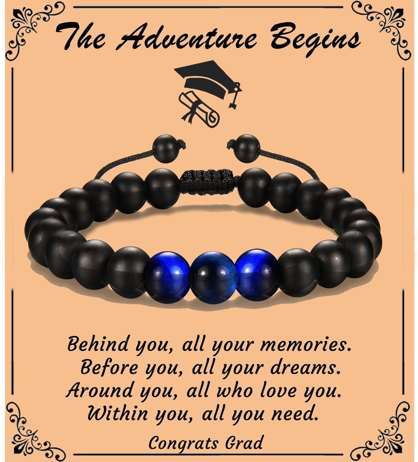 The Adventure Begins" Graduation Bracelet for Men - Tiger's Eye & Lava Stone Bead Bracelet, Gift for Grads