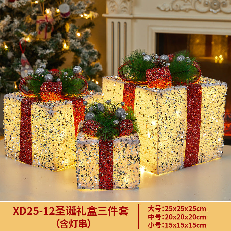 Christmas Decoration Iron Art Sequin Gift Box Glowing Under Christmas Tree Gift Box Three-Piece Set Window Display Decoration