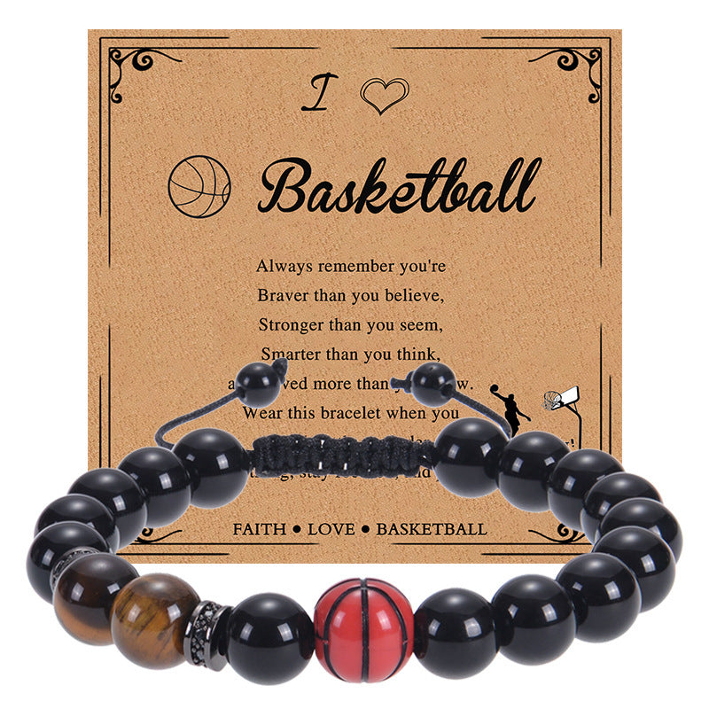 Men's Sports Bracelet with Tiger Eye - Adjustable Black Bead String Bracelet for Basketball Soccer Tennis Players, Gift for Him
