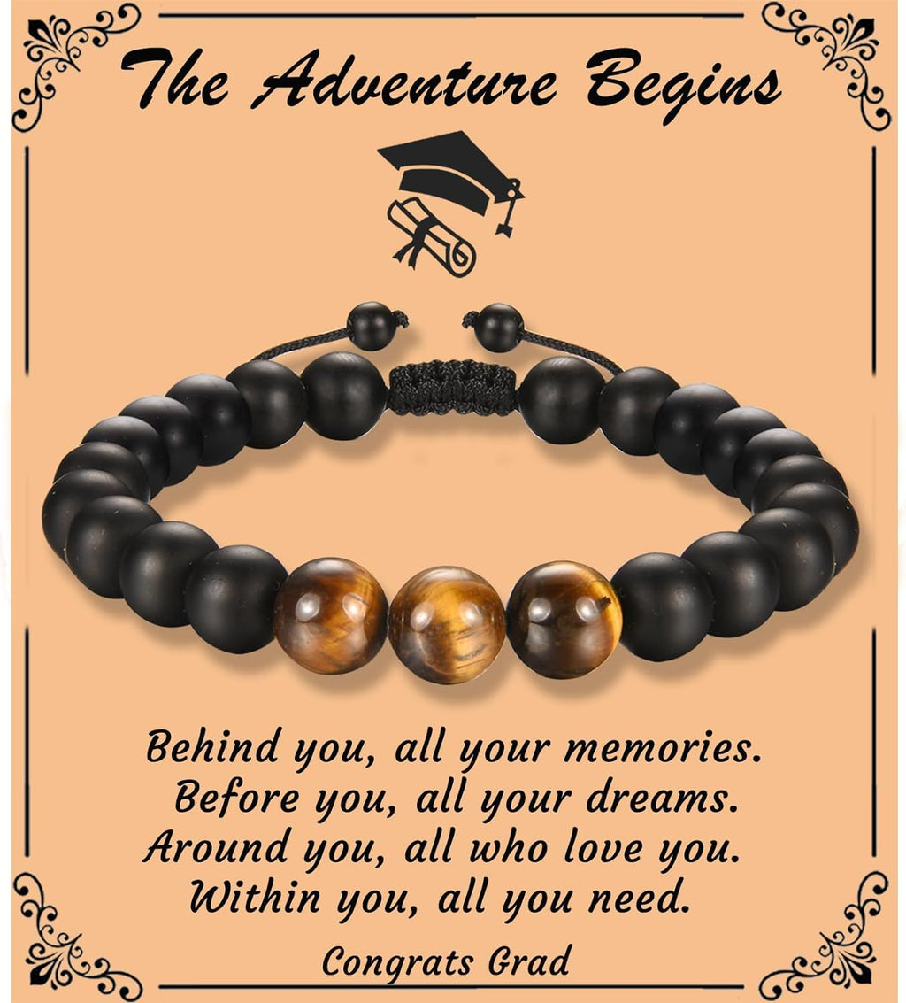 The Adventure Begins" Graduation Bracelet for Men - Tiger's Eye & Lava Stone Bead Bracelet, Gift for Grads